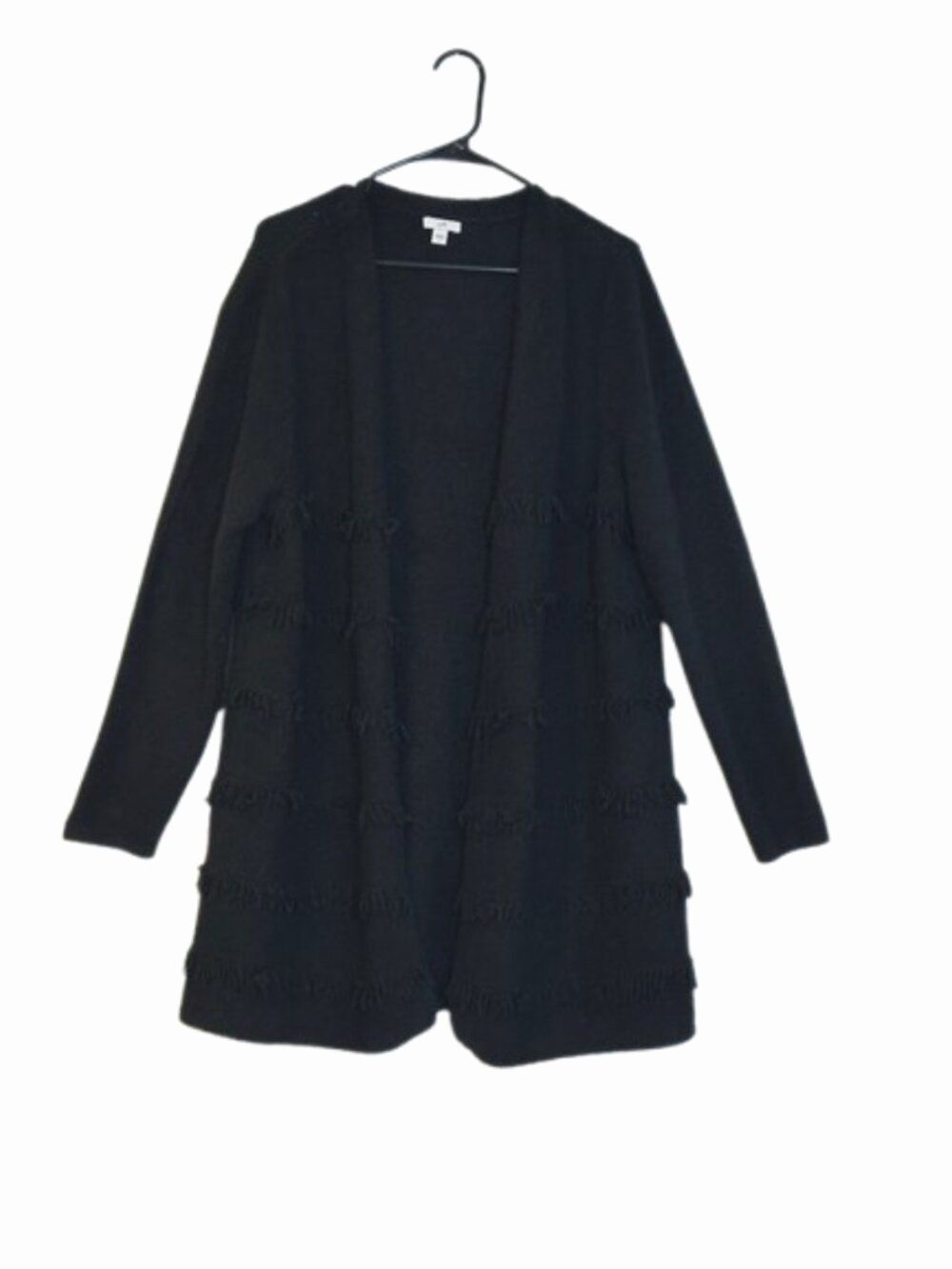 J. Jill Fringed Cardigan Sweater Womens Large Chunky Knit Lagen Oversized Black
